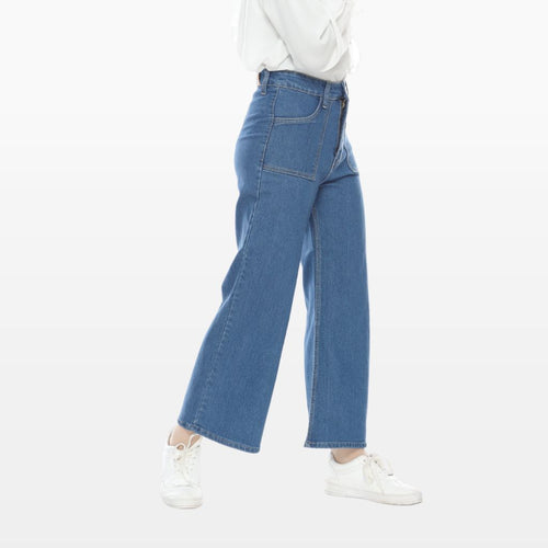 Celana Kulot Jeans Highwaist Wanita Wide Leg Bahan Denim Saku  Depan Tempel Hitam dan Biru PURITY