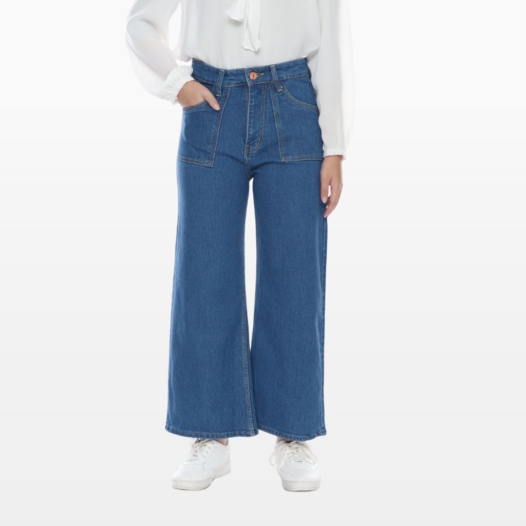 Celana Kulot Jeans Highwaist Wanita Wide Leg Bahan Denim Saku  Depan Tempel Hitam dan Biru PURITY