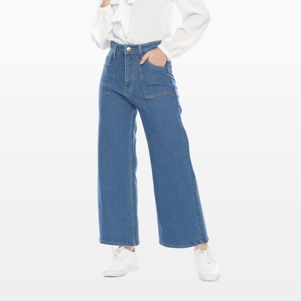 Celana Kulot Jeans Highwaist Wanita Wide Leg Bahan Denim Saku  Depan Tempel Hitam dan Biru PURITY