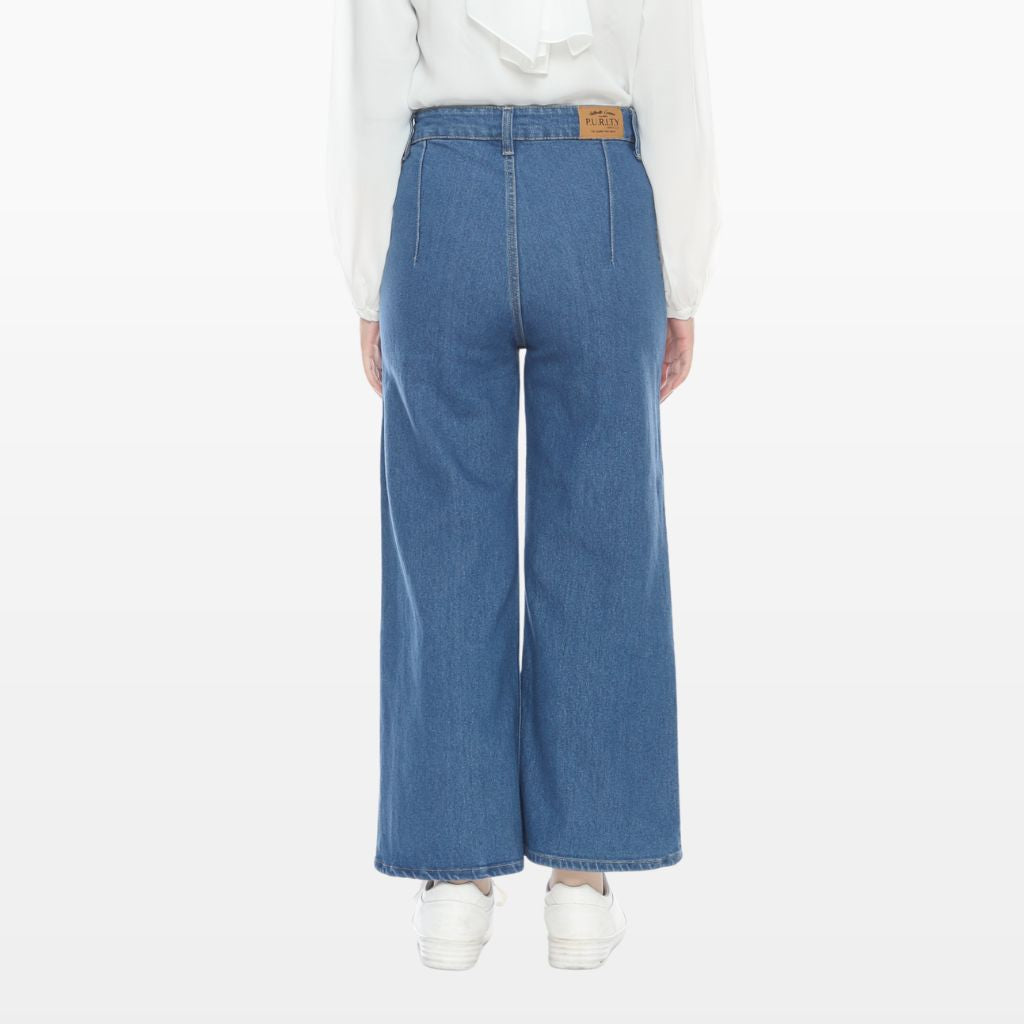 Celana Kulot Jeans Highwaist Wanita Wide Leg Bahan Denim Saku  Depan Tempel Hitam dan Biru PURITY