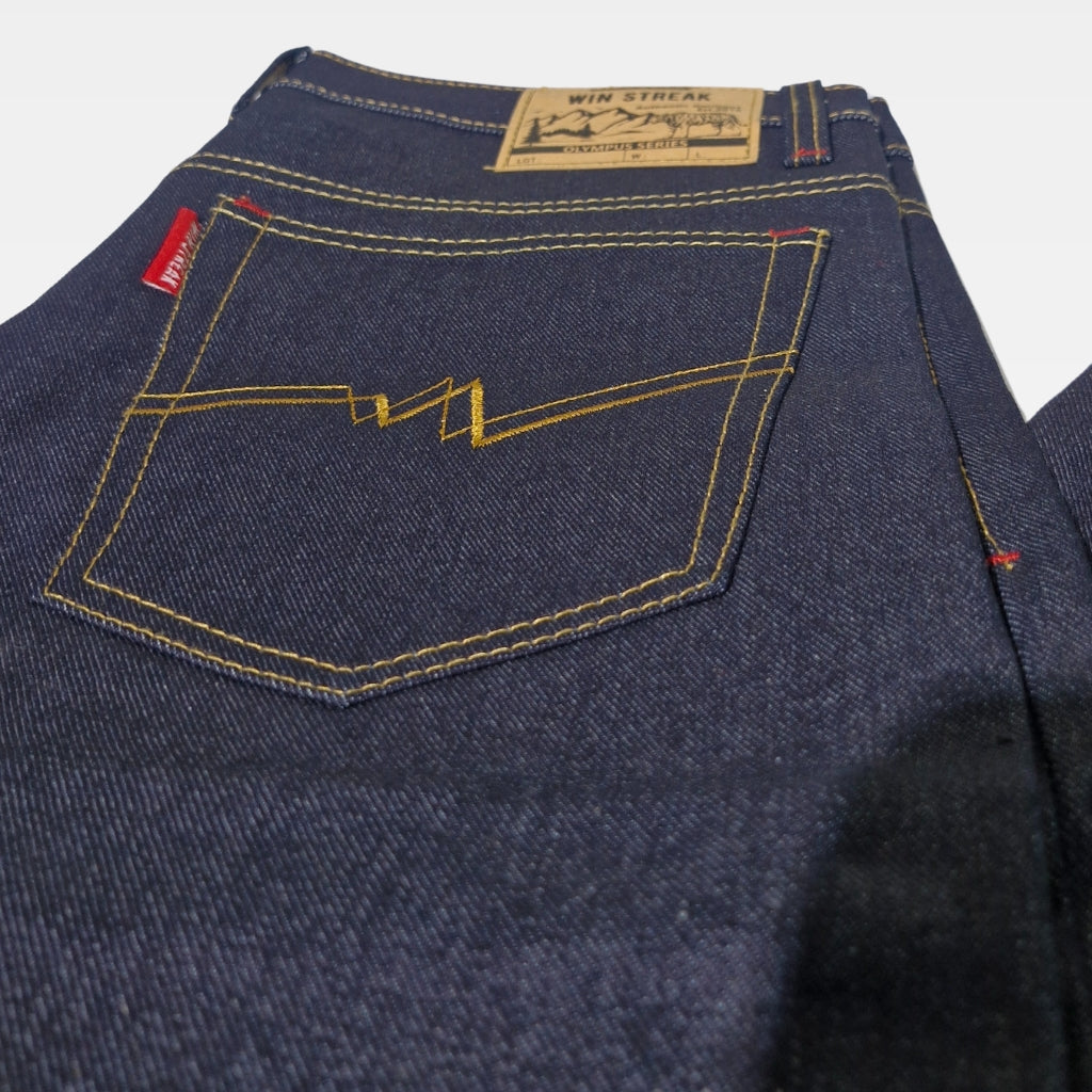 Celana Denim Selvedge Original Pria 15 oz Non Stretch Raw Blue Black Olympus Series WIN STREAK