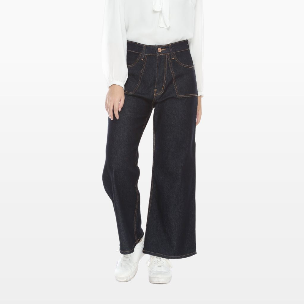 Celana Kulot Jeans Highwaist Wanita Wide Leg Bahan Denim Saku  Depan Tempel Hitam dan Biru PURITY