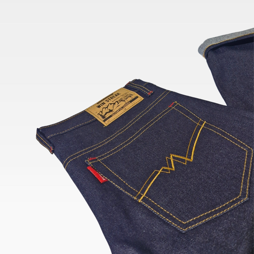 Celana Denim Selvedge Original Pria 15 oz Non Stretch Raw Blue Black Olympus Series WIN STREAK