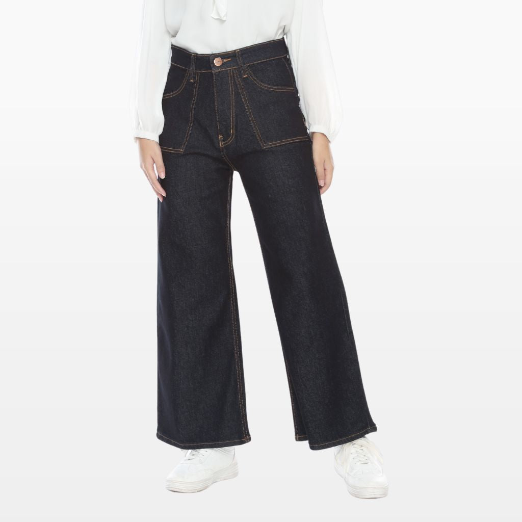 Celana Kulot Jeans Highwaist Wanita Wide Leg Bahan Denim Saku  Depan Tempel Hitam dan Biru PURITY