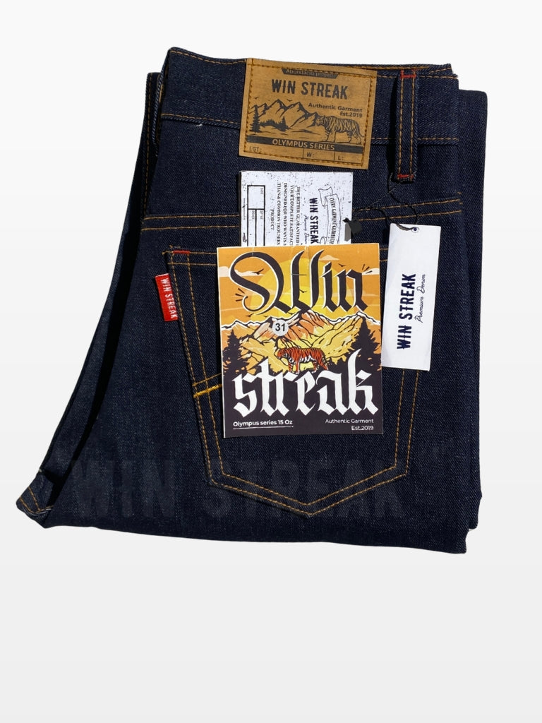 Celana Denim Selvedge Original Pria 15 oz Non Stretch Raw Blue Black Olympus Series WIN STREAK