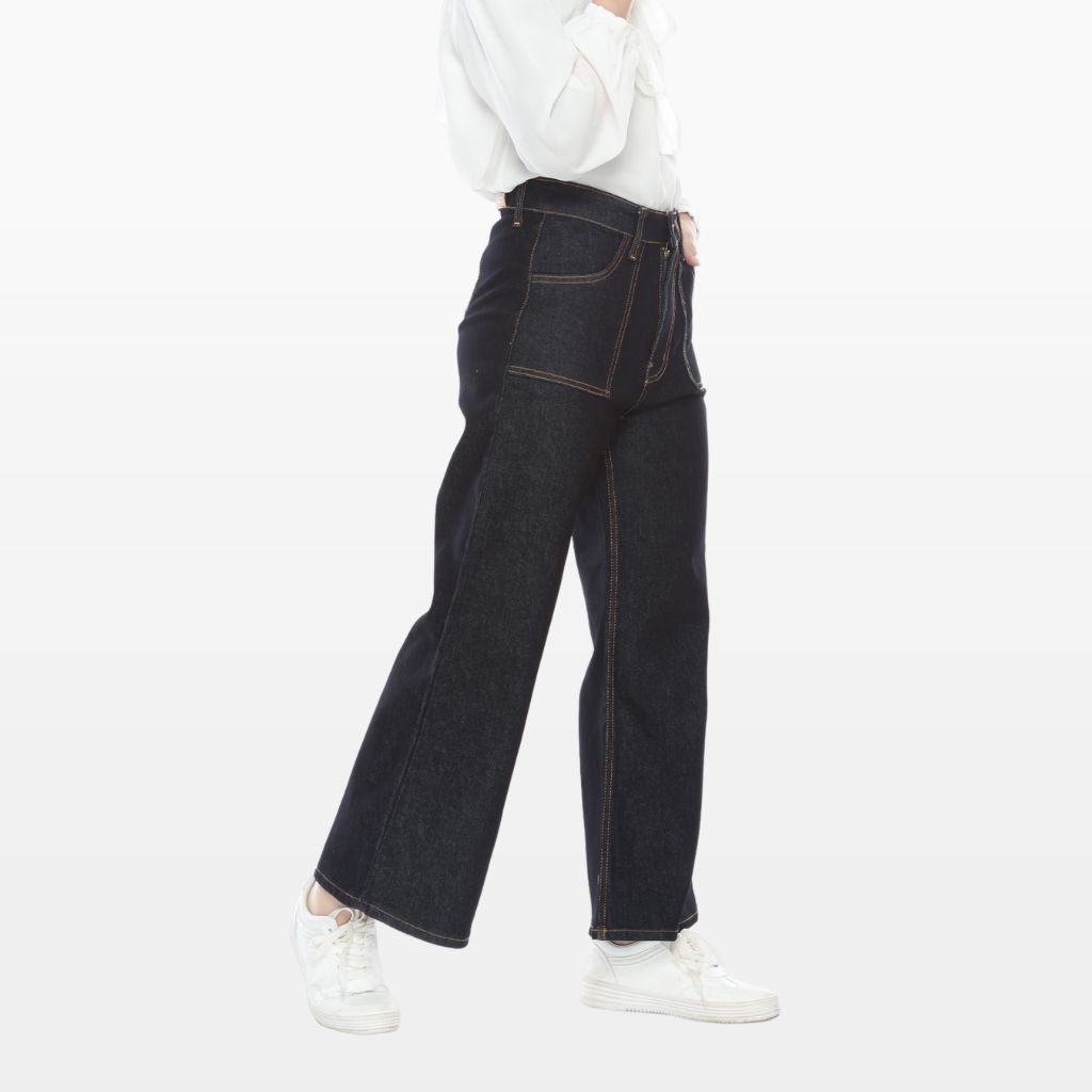 Celana Kulot Jeans Highwaist Wanita Wide Leg Bahan Denim Saku  Depan Tempel Hitam dan Biru PURITY