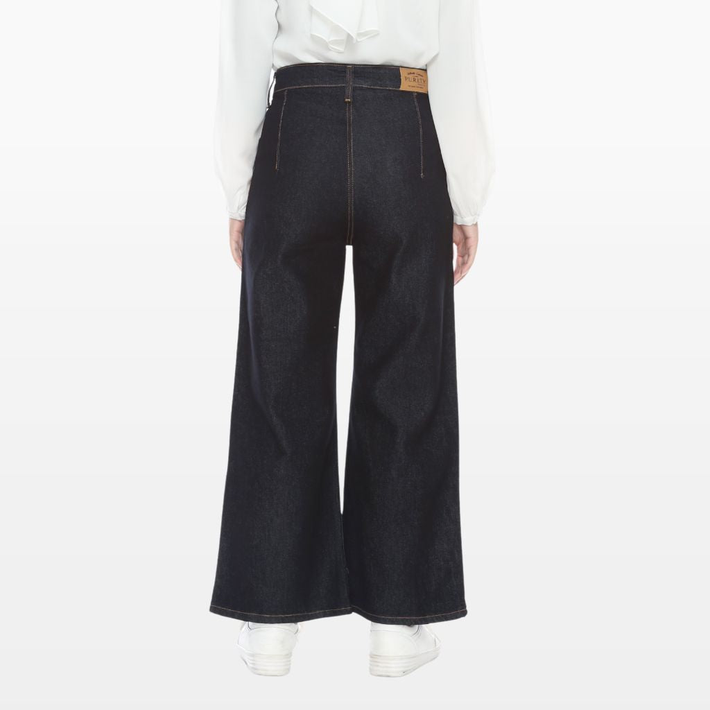 Celana Kulot Jeans Highwaist Wanita Wide Leg Bahan Denim Saku  Depan Tempel Hitam dan Biru PURITY