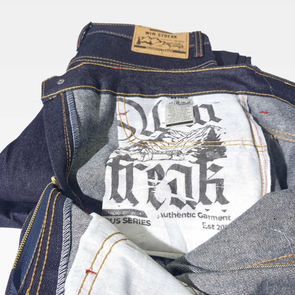 Celana Denim Selvedge Original Pria 15 oz Non Stretch Raw Blue Black Olympus Series WIN STREAK