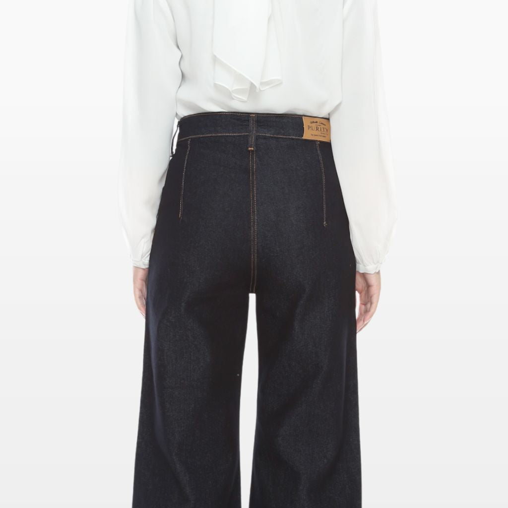 Celana Kulot Jeans Highwaist Wanita Wide Leg Bahan Denim Saku  Depan Tempel Hitam dan Biru PURITY